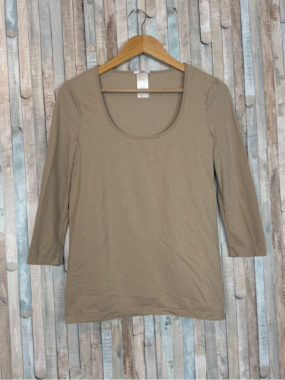 Wolford M Gold Glitter Scoop Neck Knit 3/4 Sleeve Top‎ Shirt Shiny Metallic $295